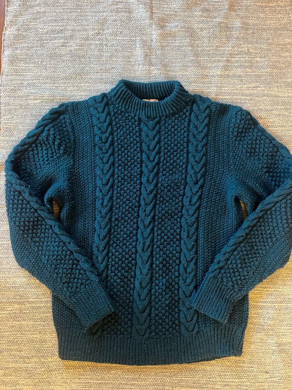 Vintage Handmade Chunky Cable Knit Fisherman Sweater Teal Green Mock Neck Wool